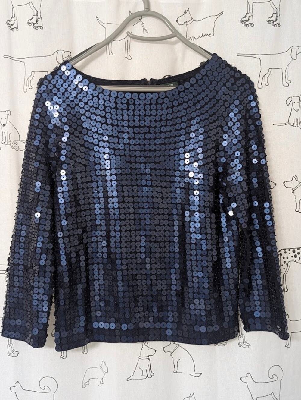 JCrew Vintage Merino Wool 3/4 Sleeve Sweater Sequins Holiday Glam Navy Small